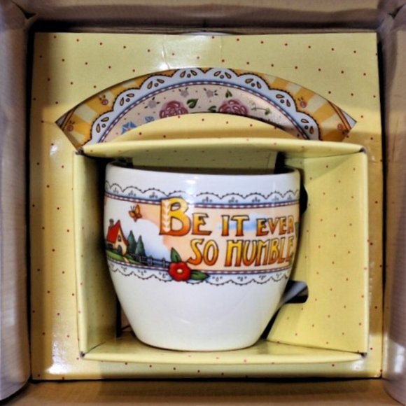 Mary Engelbreit Time For Tea Cup Saucer Set Be It Ever So Humble NIB - Picture 3 of 6